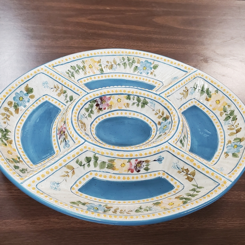 Villa Flora Hand Painted 18.5" Divided Large Ceramic Section Oval Platter